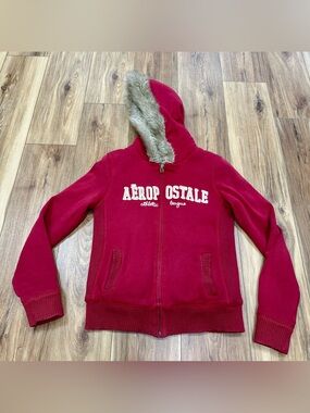 Vtg Y2K Aeropostale Athletic League Faux Fur Lined Full Zip Hoodie, Large